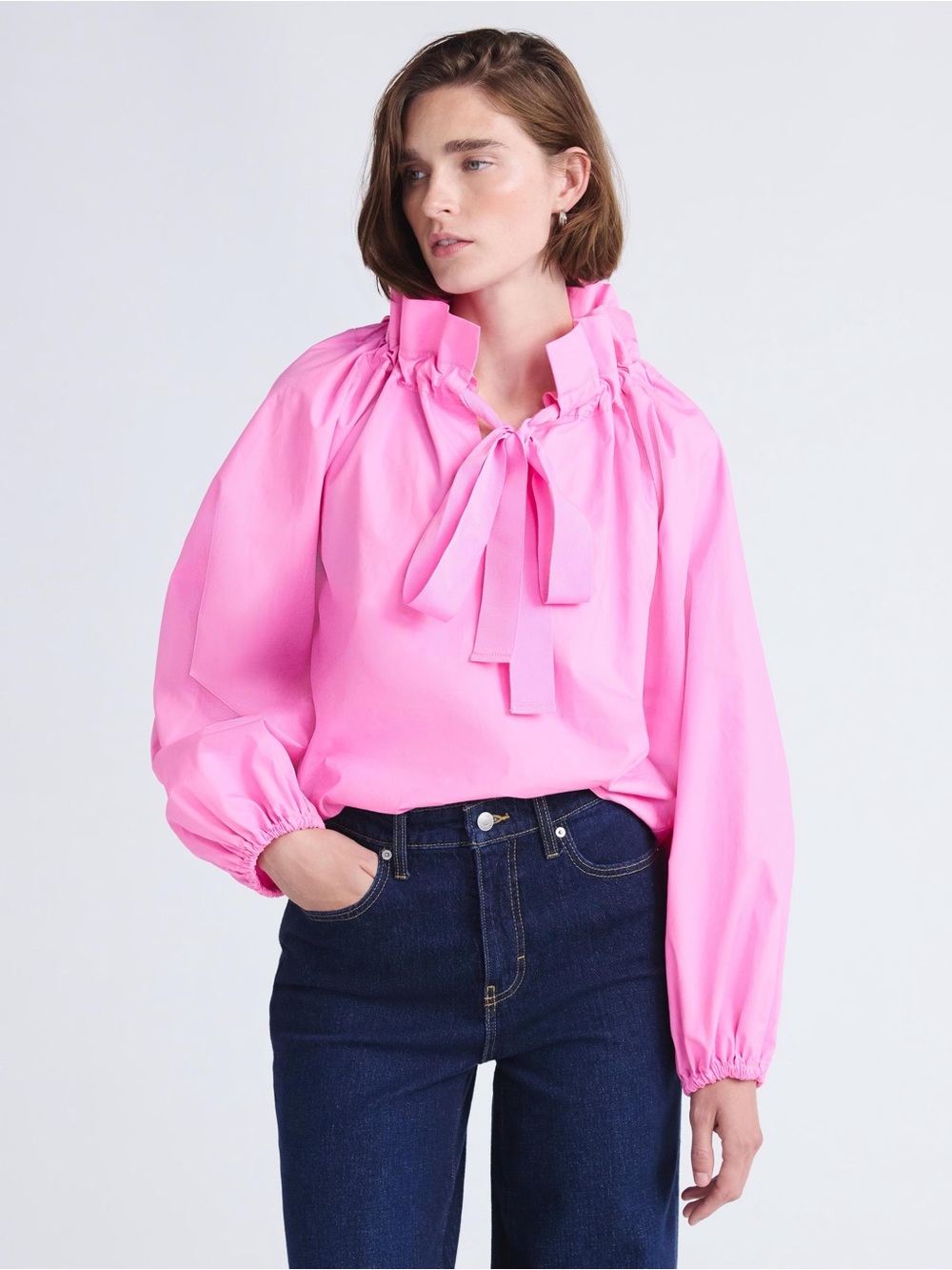 Free assembly Pink Tie-Neck Balloon Sleeve Top